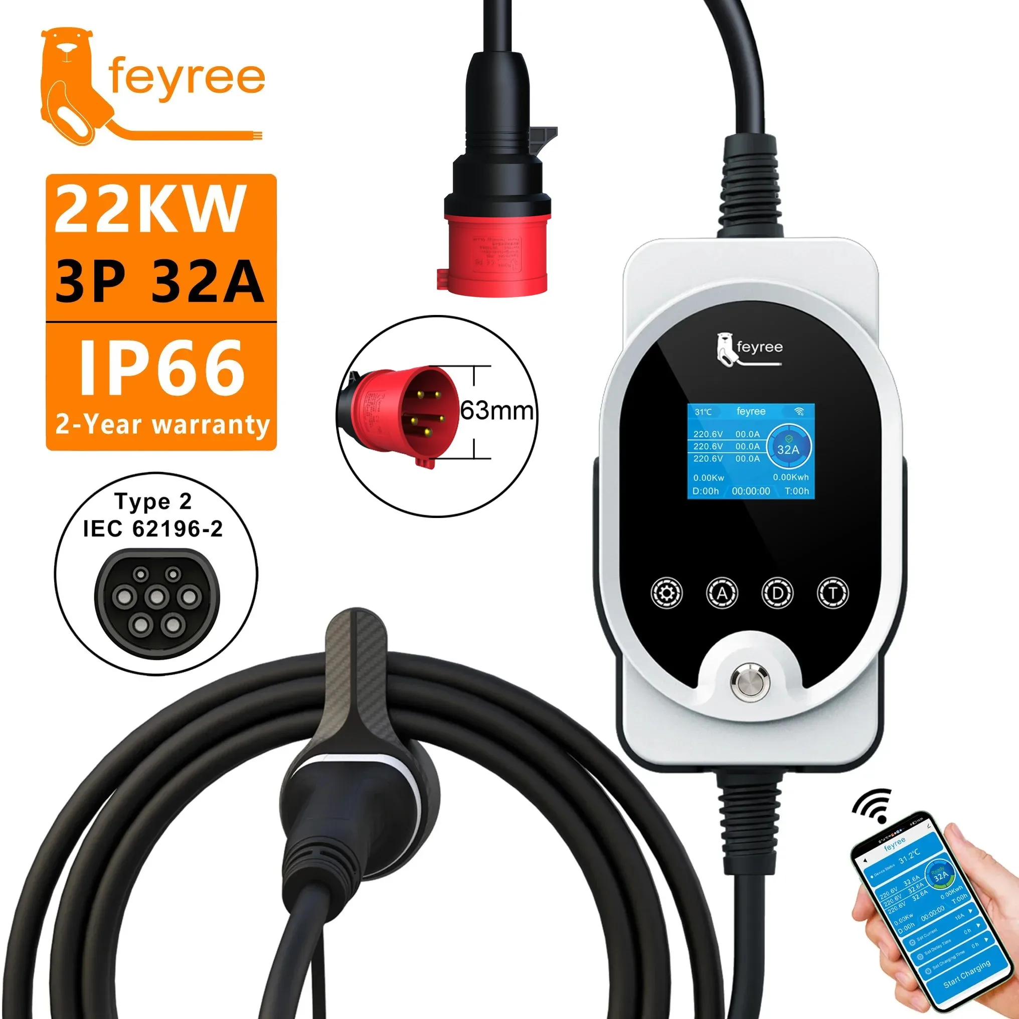 Feyree 22KW Type 2 Kabel EVSE  - Ev Charger Type 2 22Kw 32A 3 Phase recensie en prijs